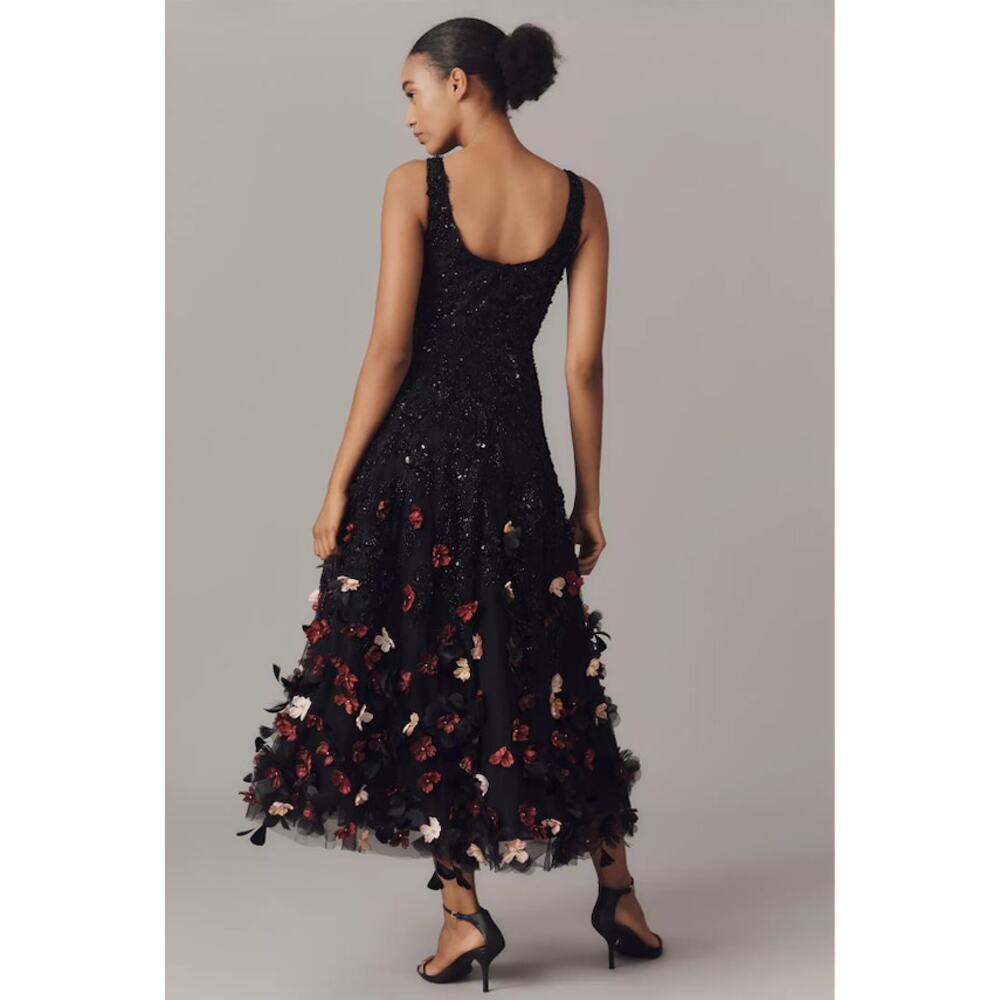 NEW Mag Duggal Sequin Floral Appliqué 3D FlowersBlack Midi Dress Size 10 - Picture 11 of 15